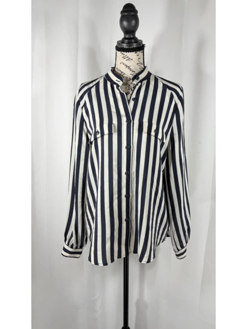Marna Ro 100 Silk Striped Blouse Small Navy White Button Up Long Sleeve Top